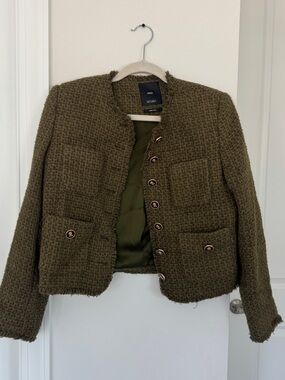 Mango Olive Tweed Boxy Crop Jacket
